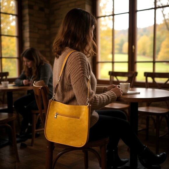 Jen & Co Vegan Leather Crossbody Bag Leopard Guitar Strap Amber Snap pocket - Picture 1 of 8